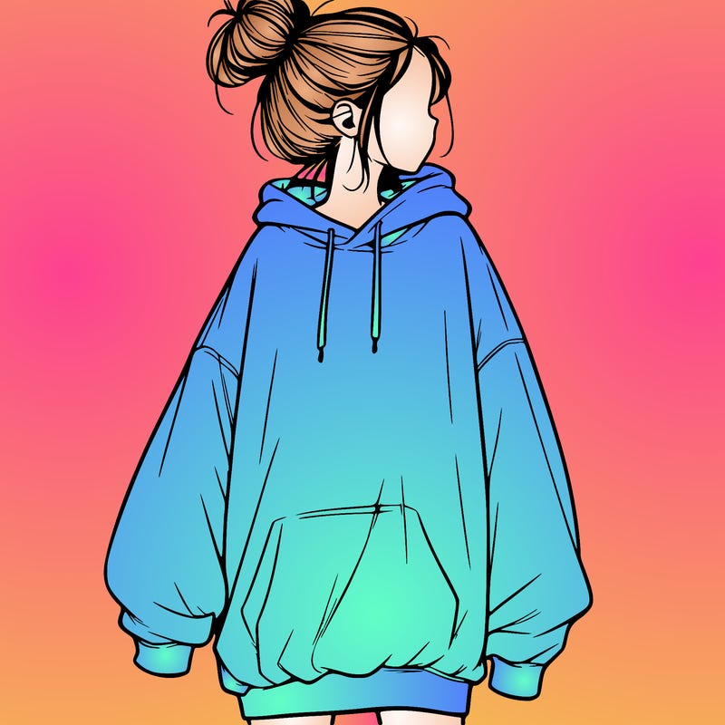 realistic girl with a oversized sweatshirt on and a bun