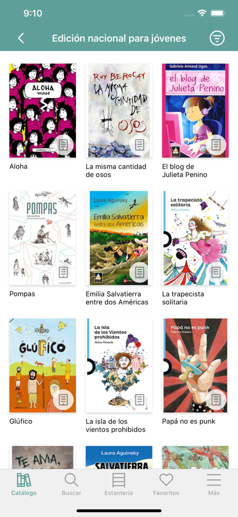 Interface of the Biblioteca Pais mobile app showing a catalog of Spanish language books for youth.