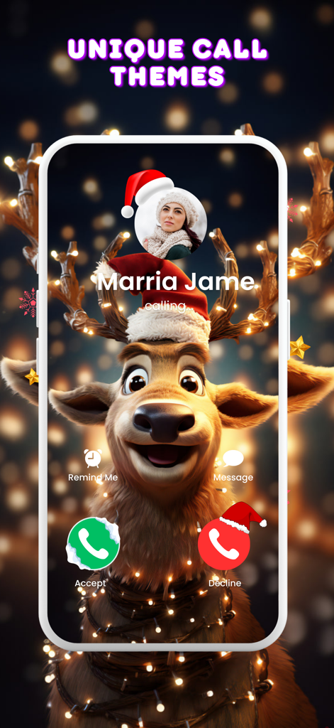 Call Posters - Call Theme - Incoming call interface featuring a festive reindeer theme with glowing lights and Christmas motifs