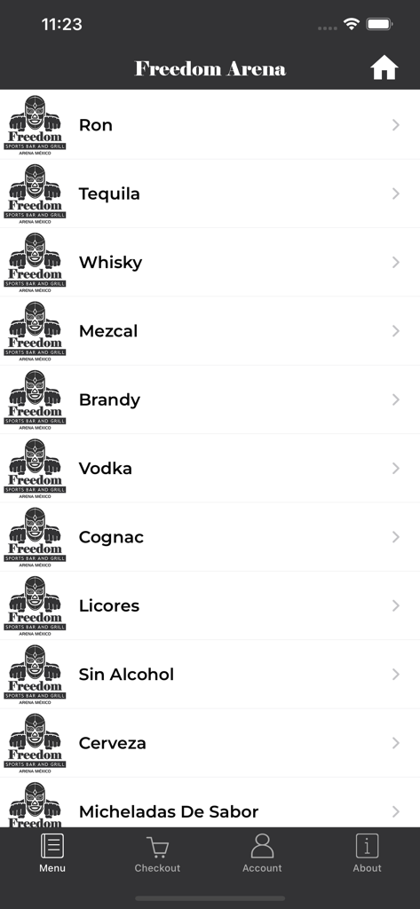 Freedom Arena mobile app beverage menu screen showing various drink categories like Tequila and Mezcal