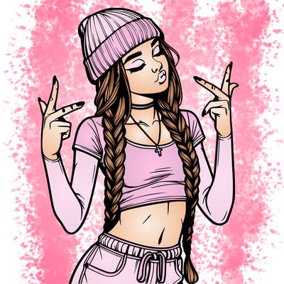 realistic teenage girl with braids and a beanie and crop top doing 🫶🏼