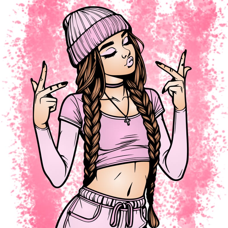 realistic teenage girl with braids and a beanie and crop top doing 🫶🏼