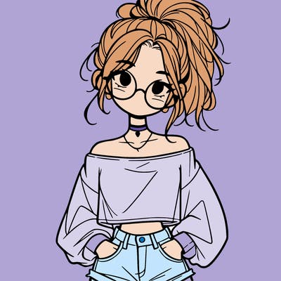 girl with a messy ponytail glasses a baggy crop top and jean shorts