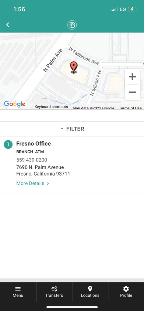 Página de locais do aplicativo móvel FFB Bank mostrando o endereço da filial do escritório de Fresno e um marcador de mapa
