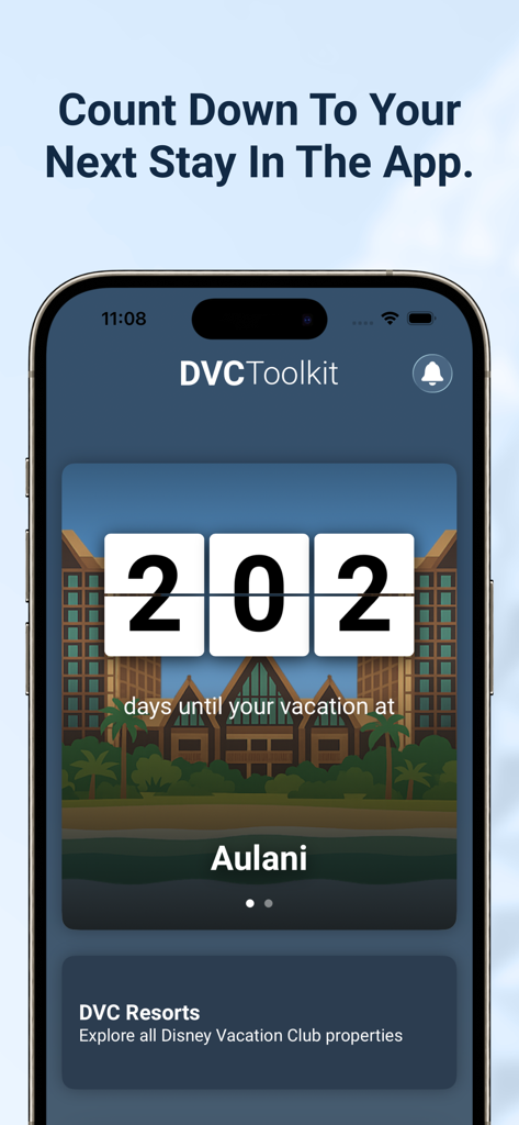 DVC Toolkit mobile app screen showing a 202-day vacation countdown for Aulani resort