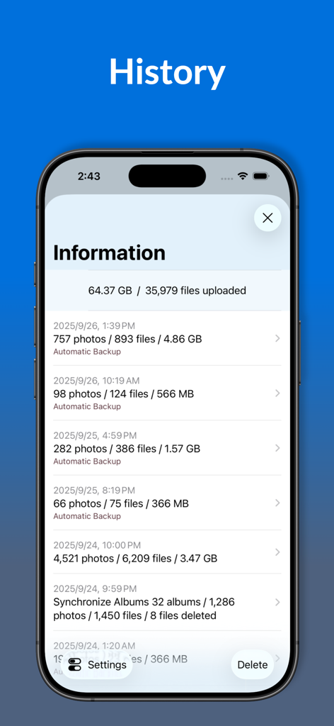 Photos Backup for NAS - NAS写真バックアップアプリのバックアップ履歴とアップロード統計のスクリーンショット