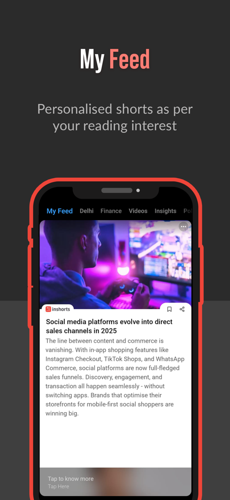 Inshorts mobile app interface showing a personalized news feed with short summaries