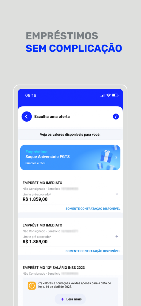 Tela do aplicativo móvel do Banco Mercantil mostrando opções de empréstimo e crédito disponíveis
