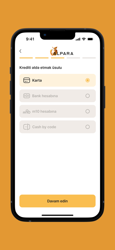 Alpara - Alpara app screen showing options to receive a loan including bank card and account transfers