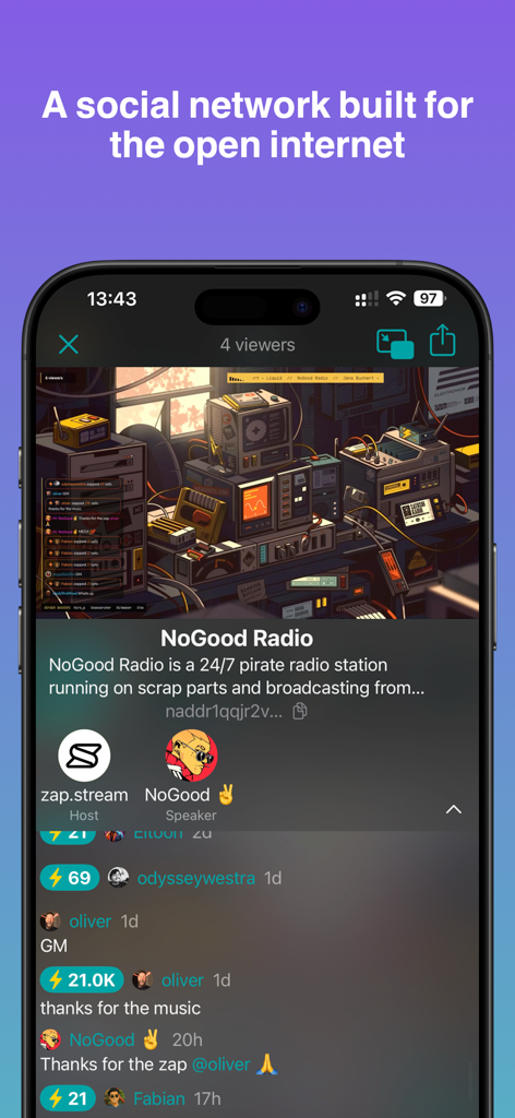 Aplicación móvil Nostur mostrando una transmisión de radio en vivo con un feed de chat en tiempo real y zaps de Bitcoin Lightning.