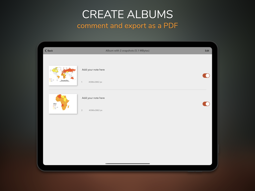 Thematics+ for Infographics - iPad-Bildschirm, der zeigt, wie Alben erstellt und Notizen zu Karteninfografiken für den PDF-Export hinzugefügt werden
