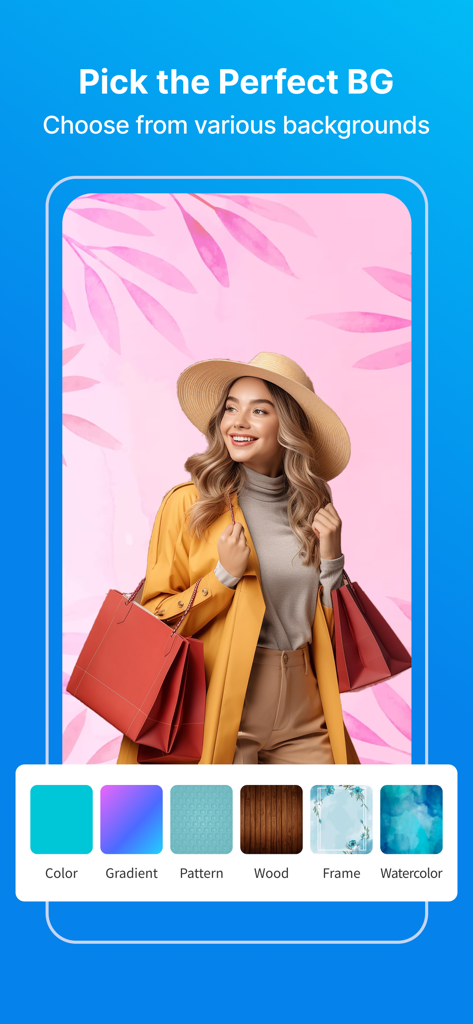 Poster Maker - Flyer Creator, - Eine mobile App-Oberfläche, die eine Vielzahl von Hintergrundoptionen für das Posterdesign zeigt, darunter Farbe, Farbverlauf und Holztexturen.