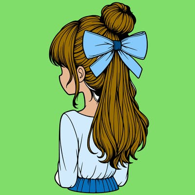 realistic girl  with hip length hair a bun and a big bow on the back of head