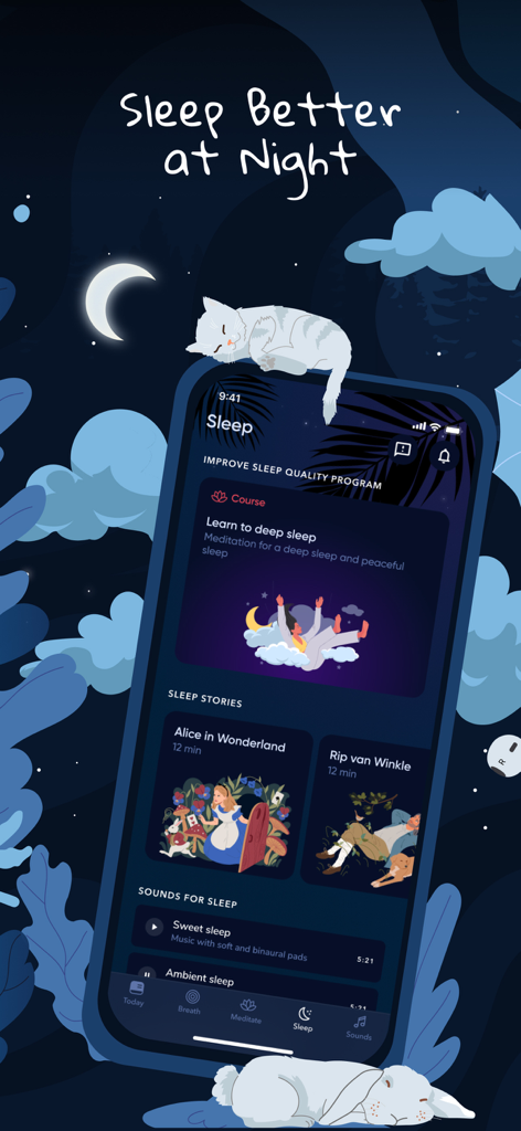 BetterMe: Mental Health - Schermata dell'app BetterMe Mental Health che mostra storie per dormire e suoni rilassanti per una migliore qualità del sonno