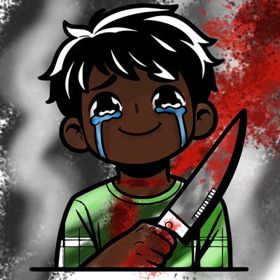 teenage boy crying with a smile as he holds a knife