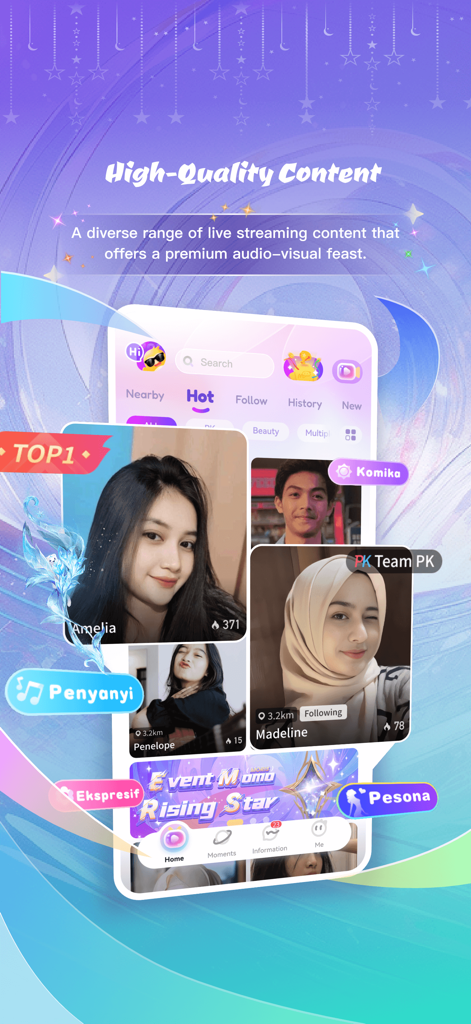 Momo Live mobile app interface displaying multiple live streaming broadcasters