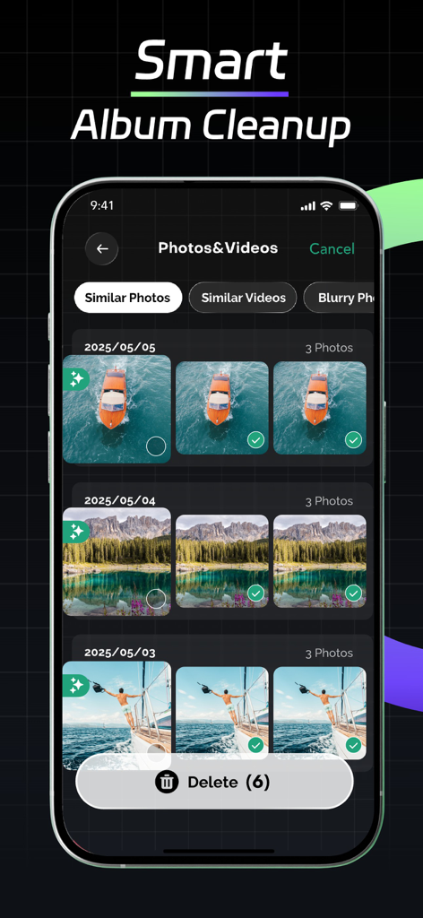 PixBox: Compress & Clean - PixBox app interface showing the smart album cleanup feature to identify and delete duplicate photos.