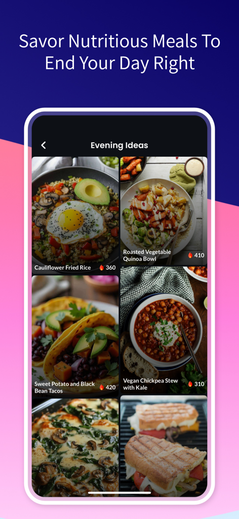 AI Calorie Tracker - Food Scan - Nutritious evening meal ideas with calorie counts displayed in a health and fitness app.