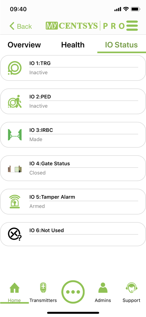 MyCentsys Pro - MyCentsys Pro app IO Status screen displaying gate diagnostics and sensor states