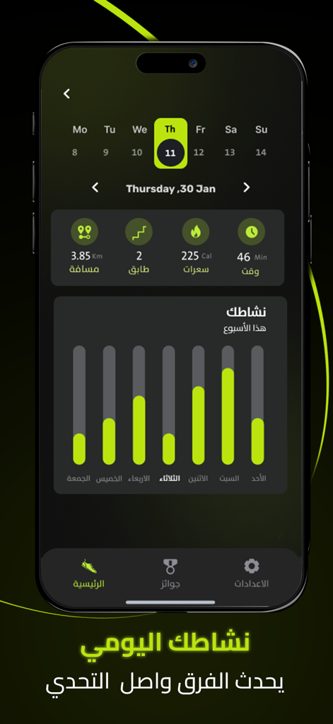برنامج خطواتي - تحدي المشي - A screenshot of the Khatwati walking app dashboard in Arabic showing daily metrics for distance, calories, and time alongside a weekly activity bar chart.