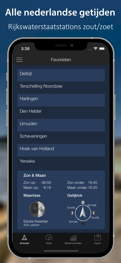 Screenshot of The Tides Netherlands app favorites list displaying Dutch coastal locations and a maritime tide clock with moon phase data