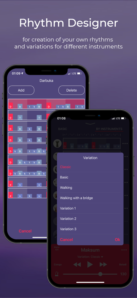 Darbuka Rhythms - 2台のiPhoneでリズムデザイナーとバリエーション選択メニューが表示されているダルブカリズムアプリのインターフェース
