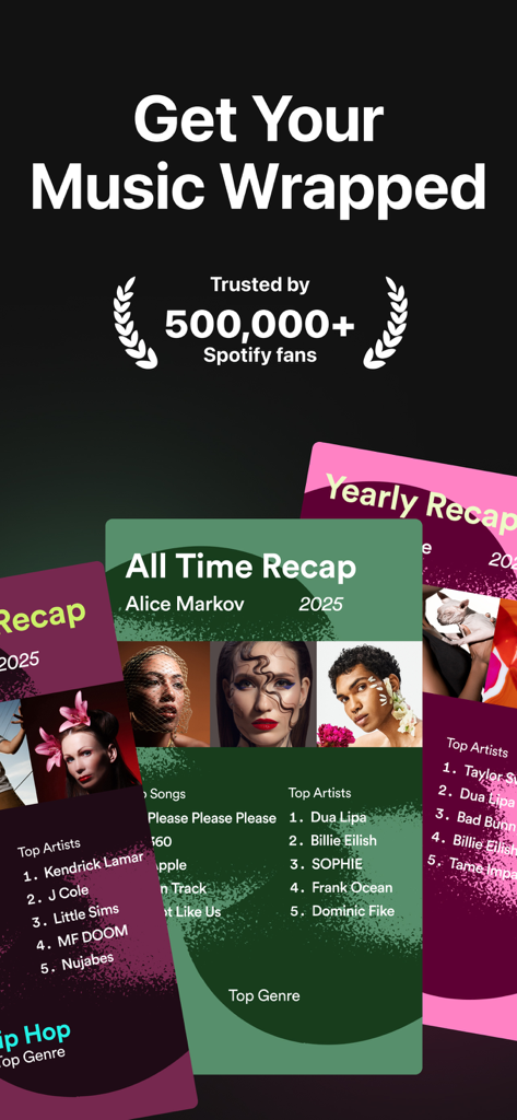 StatsApp display featuring personalized music wrapped recaps with top artists and songs