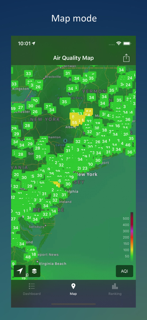Air Matters app showing a real time air quality map with AQI markers