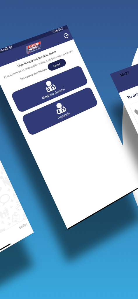Pantalla de la aplicación Alerta Médica que muestra opciones para elegir entre especialistas de Medicina General y Pediatría.