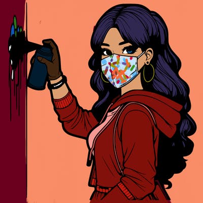 realistic girl with mask spray painting a wall