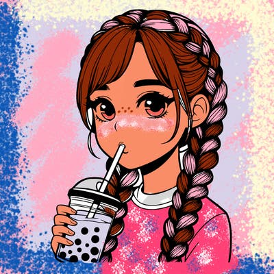 realistic girl with braided hair drinking boba