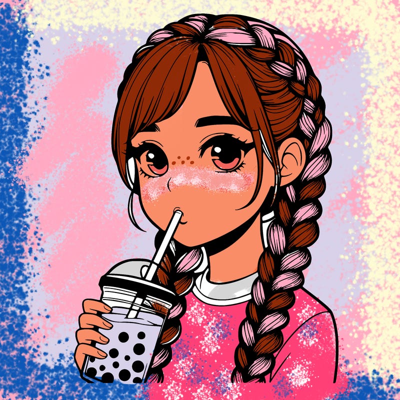 realistic girl with braided hair drinking boba