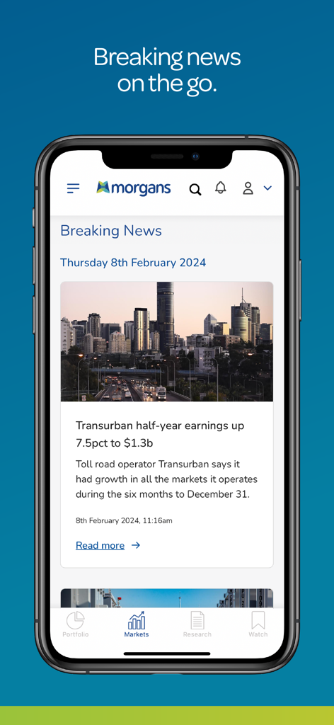 Morgans Financial Limited - The Morgans Financial Limited app showing a breaking news article about market earnings on an iPhone.