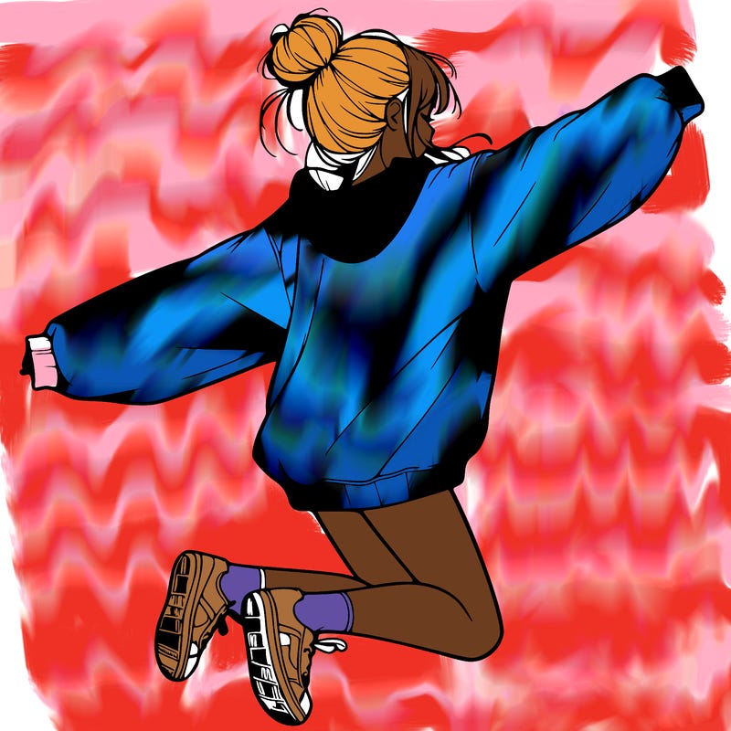 realistic girl jumping with a bun and oversized sweatshirt