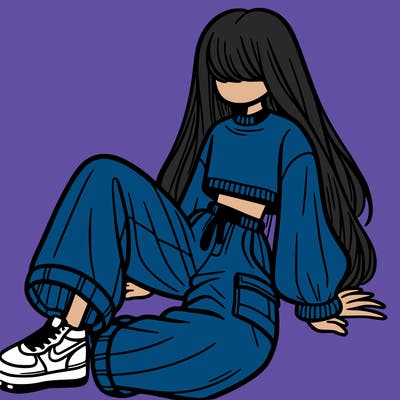 a girl with baggy pants and a crop top with long hair