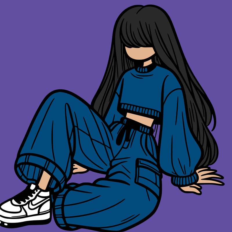 a girl with baggy pants and a crop top with long hair