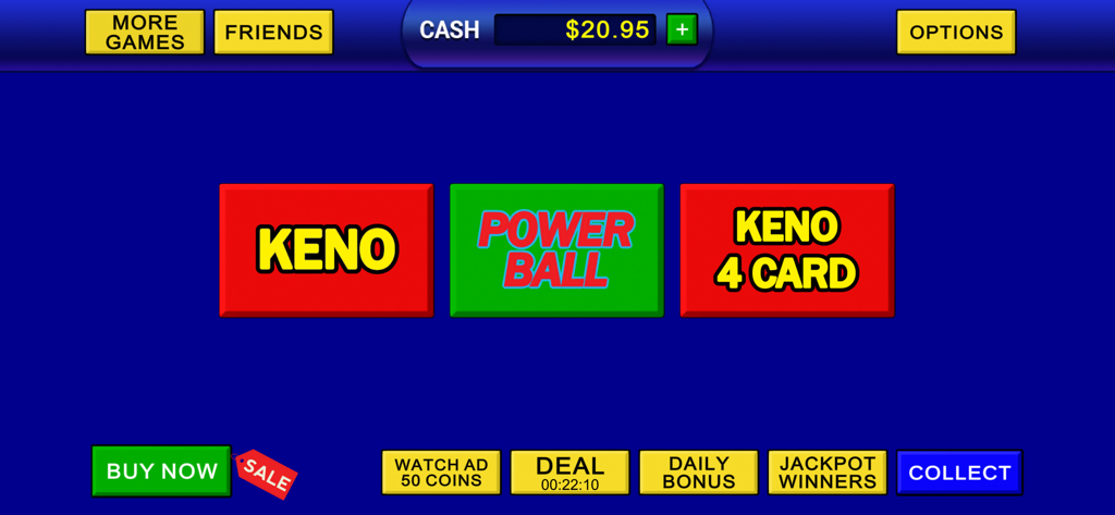 Main menu of Keno Casino Games showing selection for Keno, Power Ball, and Keno 4 Card.