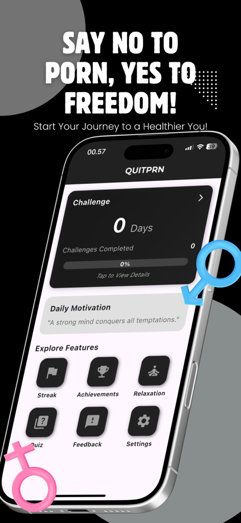 QUITPRN: Quit Porn Addiction - Haupt-Dashboard der QUITPRN-App mit Fortschrittsanzeige von Herausforderungen, täglicher Motivation und Funktionen zur Verfolgung von Gewohnheiten