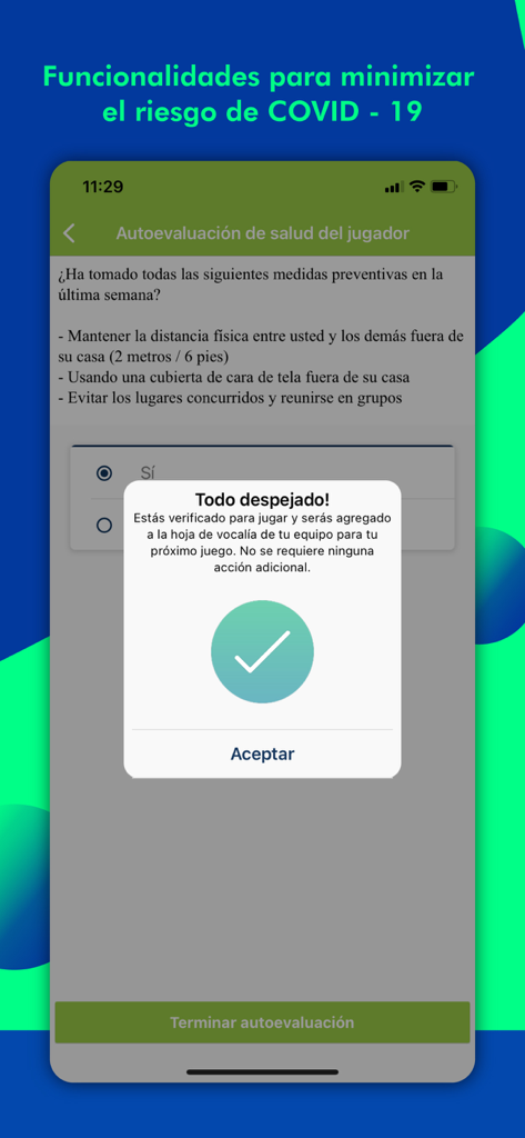 Pelotea - Mobile app screen showing a player health self assessment verification in Spanish