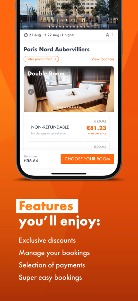 easyHotel - Book Value Stays - easyHotel mobile app screen showing a hotel room booking in Paris with a list of features like exclusive discounts and easy bookings.