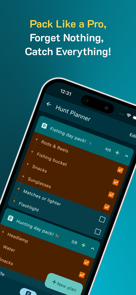 Tela do Planejador de Caça com listas de equipamentos para mochilas de pesca e caça