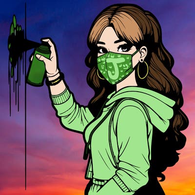 realistic girl with mask spray painting a wall