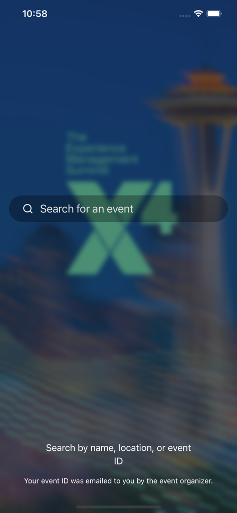 The search screen of the X4 Events mobile app featuring a search bar to find events by name, location, or event ID.