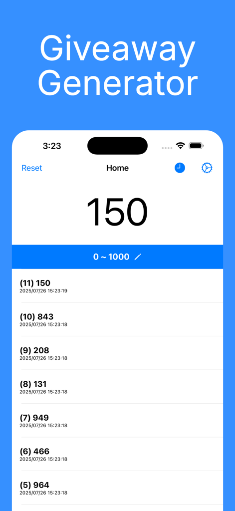 Simple Giveaway Generator app interface showing a list of random numbers generated within a range of 0 to 1000