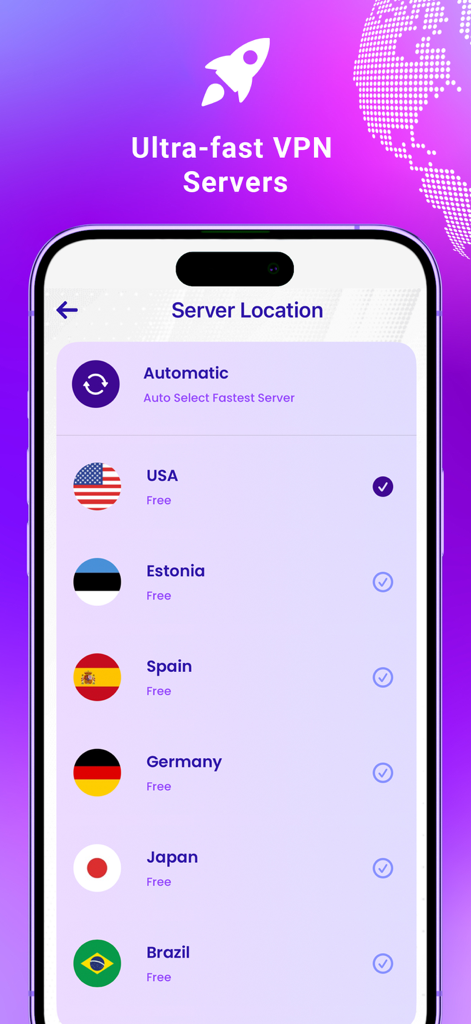 Pronto VPN – Secure, Fast VPN - Tela do aplicativo móvel mostrando uma lista de locais de servidores globais no Pronto VPN, incluindo EUA e Alemanha