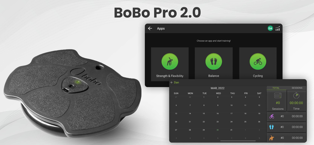 BoBo Pro 2.0 - BoBo Pro 2.0 smart balance board hardware and clinical exercise tracking application interface.
