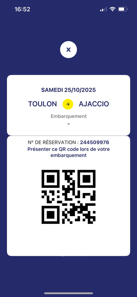 Corsica Ferries - Digital ferry boarding pass with QR code on the Corsica Ferries mobile app for a trip from Toulon to Ajaccio