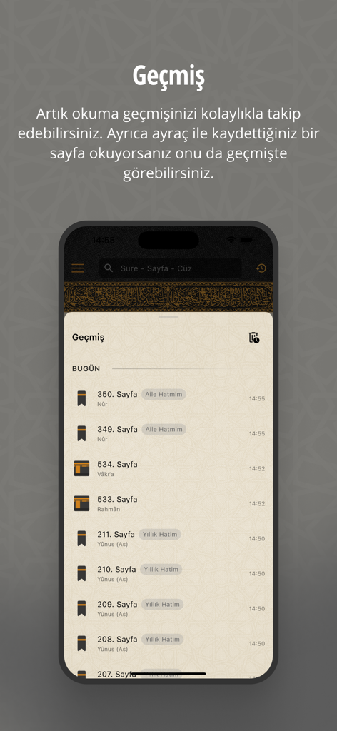 Reading history and Hatim tracking screen in the Kur'an app