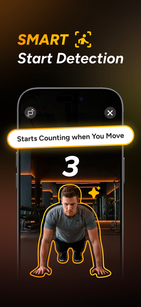 Push Up Counter. - Smartphone screen displaying push up counter app with AI smart start detection and rep counting