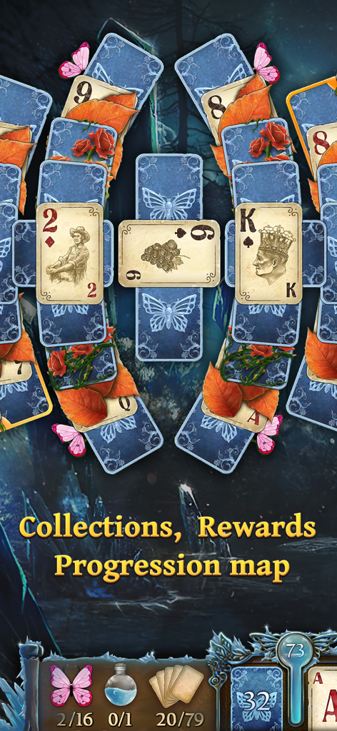 Solitaire Fairytale Game - A screenshot of Solitaire Fairytale showing fairytale-themed playing cards and progression rewards.